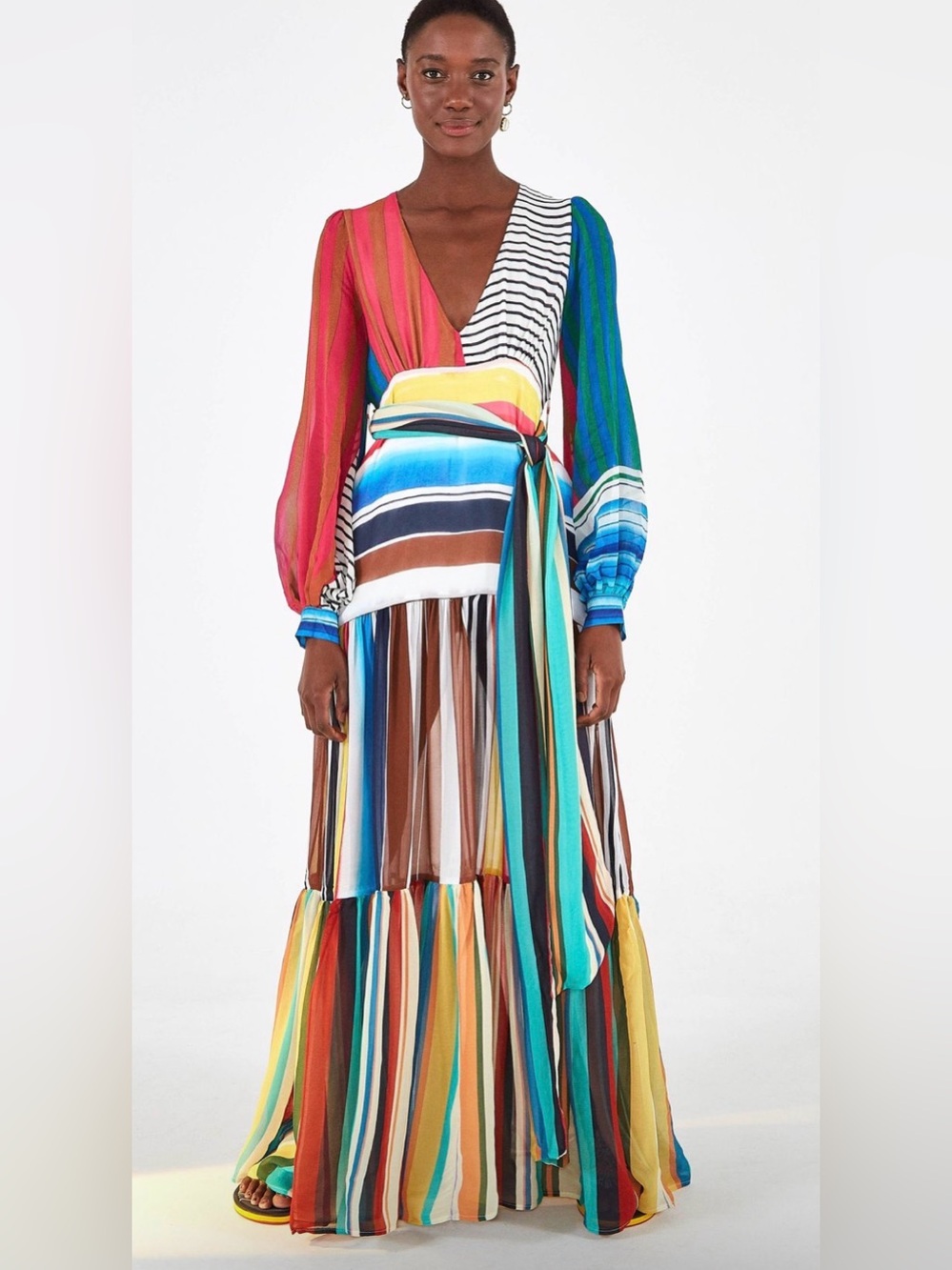 FARM Rio Thalita Vibrant Striped Multicolor Tie Belt Maxi Dress Retro